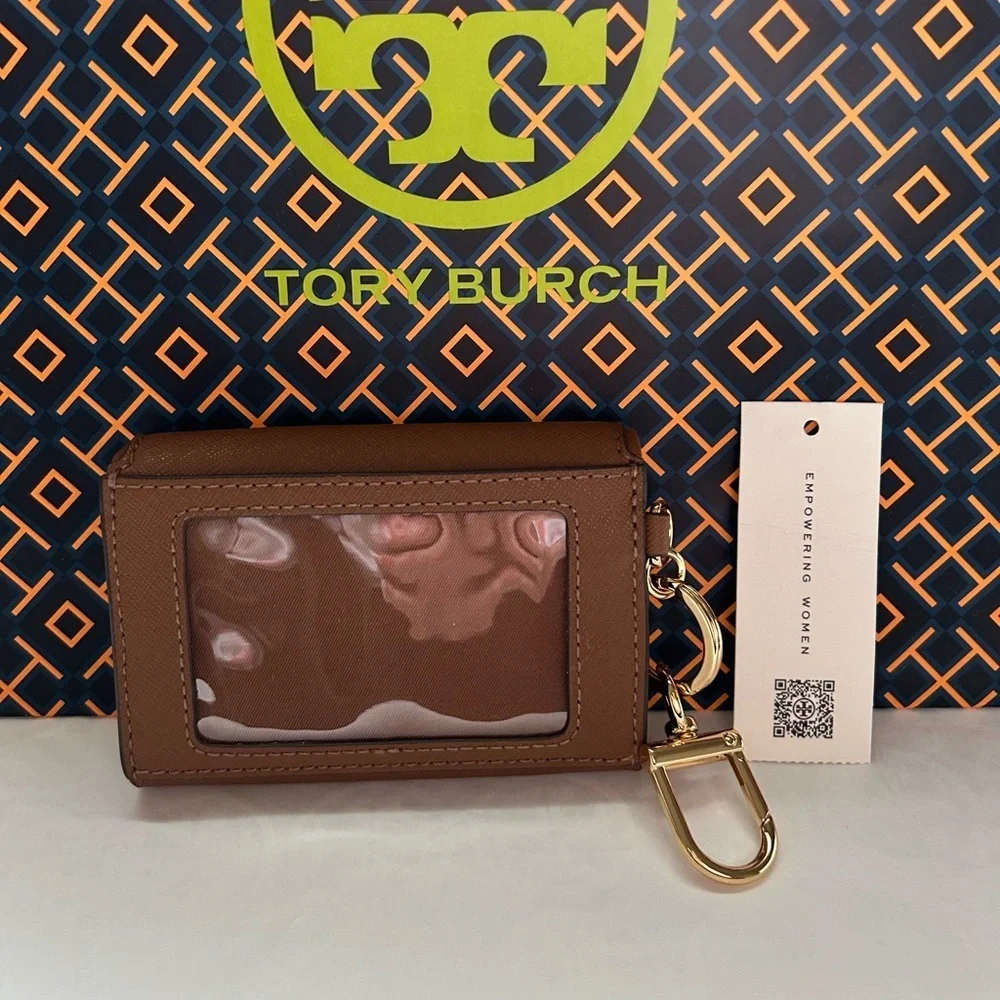 Tory Burch Emerson Flap Card Case Wallet Moose Tan Brown Gold